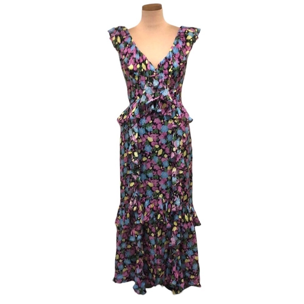AMUR Ecote Midi Dress Size 6 Black Purple Multicolored Floral Silk Ruffle